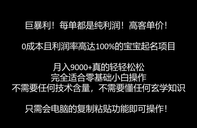 巨暴利，月入9000+的宝宝起名项目，每单都是纯利润，零基础都能躺赚【附软件+视频教程】-自媒体副业资源网