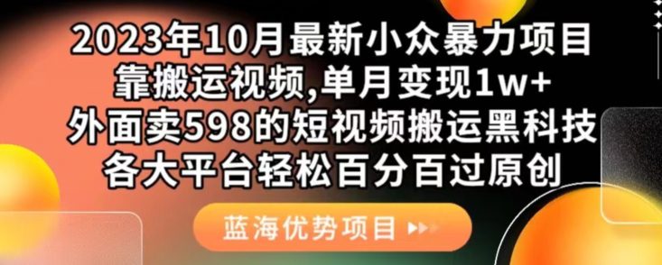 2023年10月最新小众暴力项目，靠搬运视频,单月变现1w+，外面卖598的短视频搬运黑科技，各大平台轻松百分百过原创-自媒体副业资源网