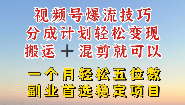 视频号爆流技巧，分成计划轻松变现，搬运 +混剪就可以，一个月轻松五位数稳定项目-自媒体副业资源网