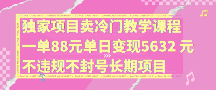 独家项目卖冷门教学课程一单88元单日变现5632元违规不封号长期项目-自媒体副业资源网