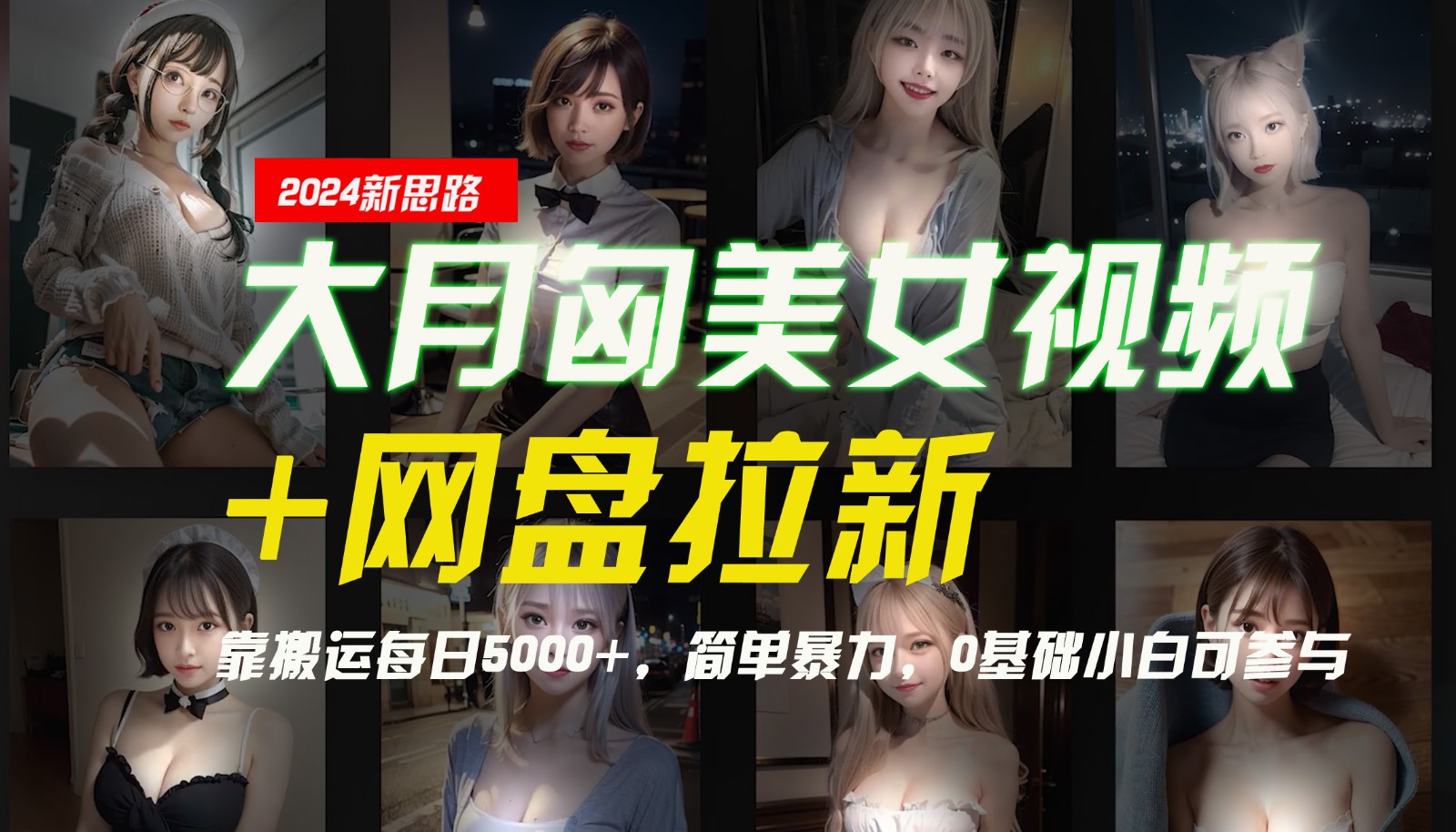 【新思路】大月匈美女视频+网盘拉新，靠搬运每日5000+，简单暴力，0基础小白可参与-自媒体副业资源网