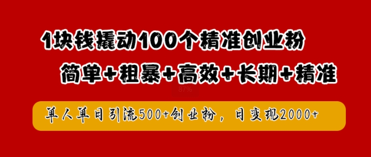 1块钱撬动100个精准创业粉，简单粗暴高效长期精准，单人单日引流500+创业粉，日变现2k-自媒体副业资源网