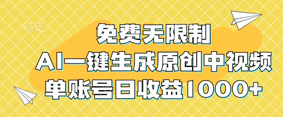 免费无限制，AI一键生成原创中视频，单账号日收益1000+-自媒体副业资源网