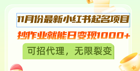 （13256期）11月份最新小红书起名项目，抄作业就能日变现1000+，可招代理，无限裂变-自媒体副业资源网